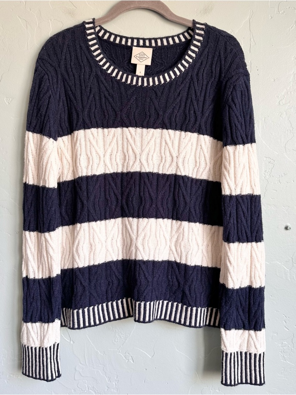 St. John's Bay Women Navy Cream Striped Preppy Coastal Cable Crew Sweater L EUC
